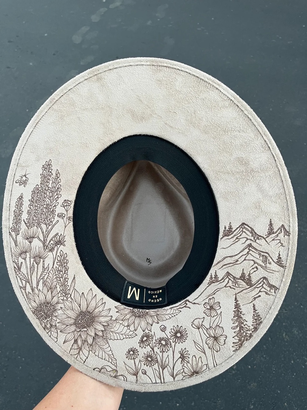 Floral taupe rancher style cowboy hat wide flat brim